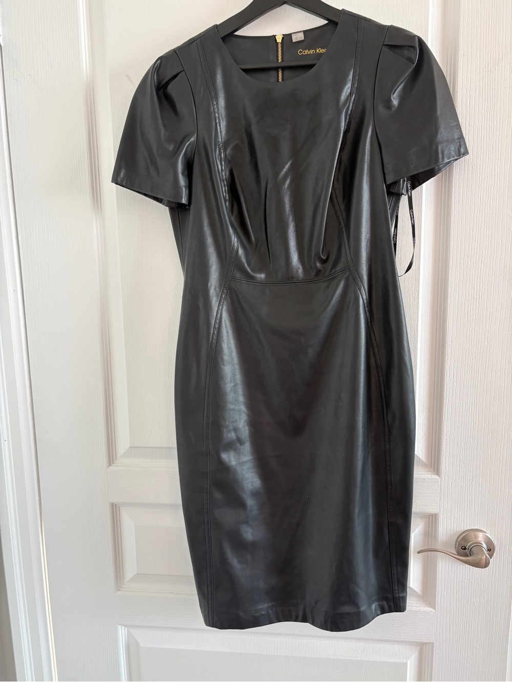Calvin Klein Black Faux Leather Midi Sheath Dress
